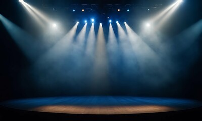 Dramatic blank stage bathed in spotlights. Smoke billows, illuminated from within. Light defines the space, a sense of mystery show - obrazy, fototapety, plakaty