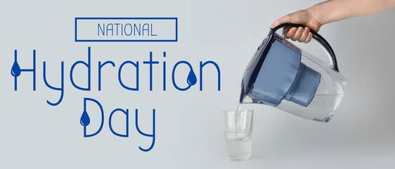 Woman pouring purified water into glass from blue filter jug on grey background