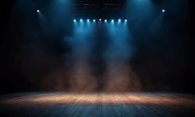 Empty stage, dark void filled with swirling smoke. Spotlights pierce the darkness, casting dramatic...