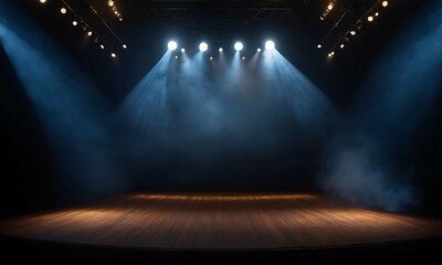 Naklejka premium Empty stage, dark void filled with swirling smoke. Spotlights pierce the darkness, casting dramatic shadows and illuminating sections of the floor