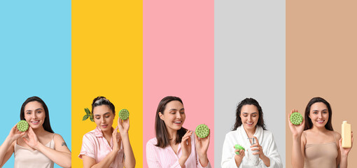 Collage of young woman with hair scalp massager and cosmetics on color background