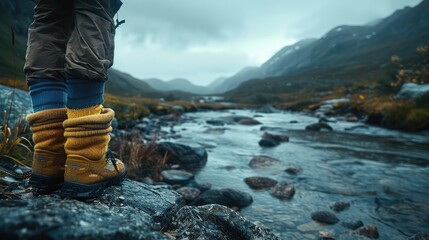 Rugged Hiking Boots Facing Challenging Terrain in Remote Serene Wilderness Landscape