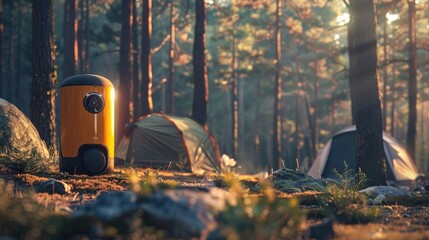 Portable Robotic Vacuum Cleaner Aids Outdoor Adventures in Lush Forest Campsite