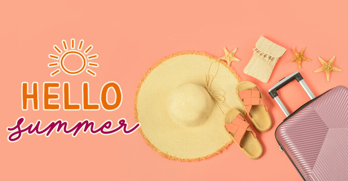 Composition with stylish beach accessories, suitcase and starfishes on color background