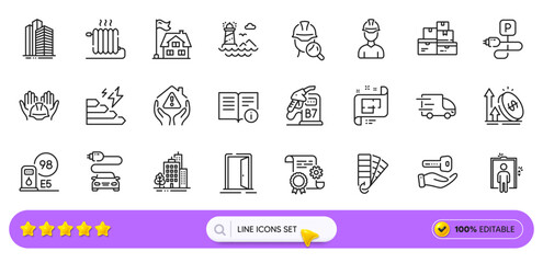 Architectural plan, Inspect and Construction document line icons for web app. Pack of Building, Buying house, Diesel station pictogram icons. Technical info, Radiator, Consumption growth signs. Vector