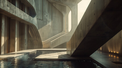 Futuristic Brutalist Architecture with Reflective Water Feature