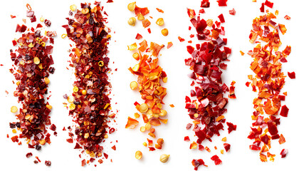 Collage of red chili flakes on white background, top view