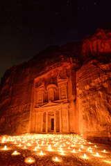 The Treasury, Petra, Jordan lit with over 1,500 candles. It brings the major attraction aspectacular view at night.