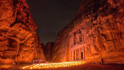 The Treasury, Petra, Jordan lit with over 1,500 candles. It brings the major attraction aspectacular view at night.