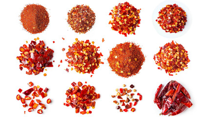 Collage of red chili flakes on white background, top view - obrazy, fototapety, plakaty