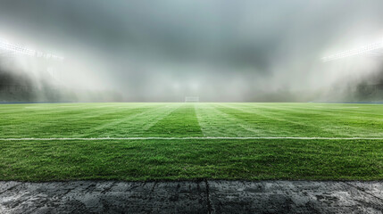 A soccer field with a foggy sky in the background. The field is empty and the grass is wet - obrazy, fototapety, plakaty
