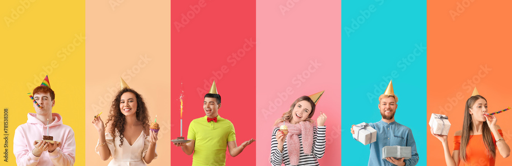 Sticker collage of happy people celebrating birthday on color background