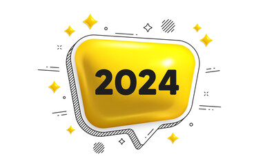 2024 year icon. Chat speech bubble 3d icon. Event schedule annual date. 2024 annum planner. 2024 chat message. Speech bubble banner with stripes. Yellow text balloon. Vector