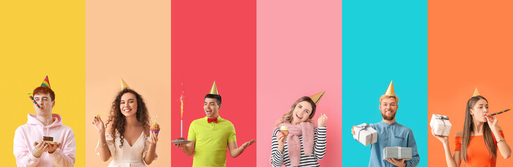 Collage of happy people celebrating Birthday on color background