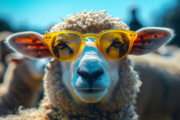 A sheep wearing sunglasses and looking at the camera. The sheep is the main focus of the image and the sunglasses give it a fun and playful appearance. sheep with fluorescent lime glasses