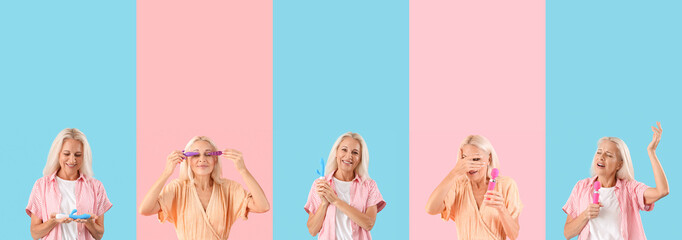 Collage of mature woman with toys from sex shop on color background