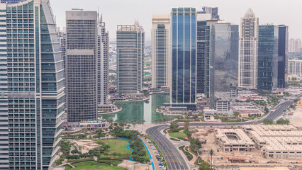 Jumeirah Lake Towers residential district aerial timelapse near Dubai Marina