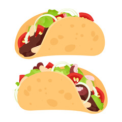 A set of delicious Mexican tacos stuffed with tomato, lettuce and minced meat