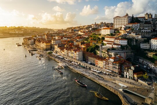 Porto, Portugal. October 30, 2023: Panoramic view of the old town and the famous Dom Louis I bridge over the Douro River. Porto, Portugal.