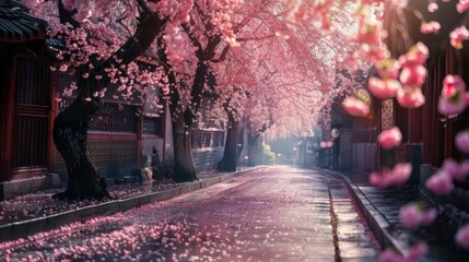 Street filled with pink flowers on trees