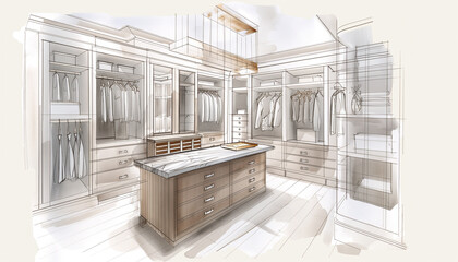 Spacious Walk-In Closet Design Sketch in Luxury Home