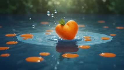 /imagine prompt: A digital illustration of a heart-shaped float holding an orange atop still water, dotted with droplets. Inspired by the vibrant and playful illustrations of Oamul Lu. The scene featu - obrazy, fototapety, plakaty