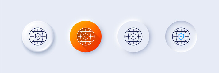 Global insurance line icon. Neumorphic, Orange gradient, 3d pin buttons. Travel risk coverage sign. Policyholder protection symbol. Line icons. Neumorphic buttons with outline signs. Vector