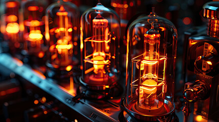 glowing vacuum electron tubes inside a Marshall amplifier - obrazy, fototapety, plakaty