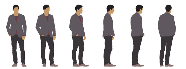 Vector concept conceptual silhouette of a men standing, hands in pockets  from different perspectives isolated on white background. A metaphor for confidence, fashion, business and lifestyle - obrazy, fototapety, plakaty
