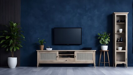 Living room with cabinet for tv on dark blue color wall background