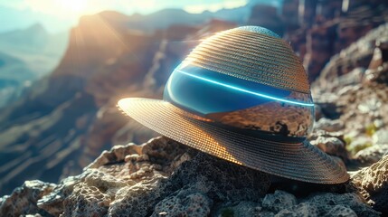 Protective Sun Hat Offers Shade and Safety for Hikers Enjoying Scenic Mountain Landscapes