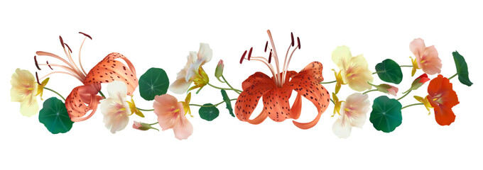 Tiger lily. Beautiful pattern of multi-colored tropical flowers. Nasturtium. Green leaves. Border. - obrazy, fototapety, plakaty