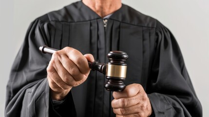 Judge wearing a judicial robe, with a gavel and legal accessories, isolated on white background
