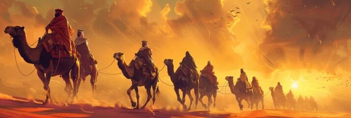 A caravan of camels with riders crosses the sultry desert, transporting goods on camels along a sand dune, nomadic life, banner