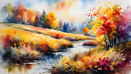 Watercolor illustration, Beautiful windy autumn abstract landscape with copy space,