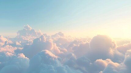 A serene sky, filled with fluffy white clouds against a pastel blue backdrop