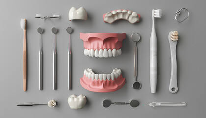 Jaw model, dental tools and toothbrush on grey background - obrazy, fototapety, plakaty