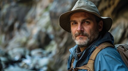 Archaeologist wearing rugged clothes, a hat