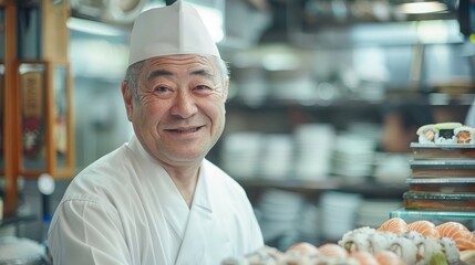 Fototapeta na wymiar Chef Sushi in traditional sushi chef attire