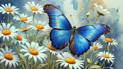 colorful blue tropical morpho butterfly on delicate daisy flowers painted with watercolor paint