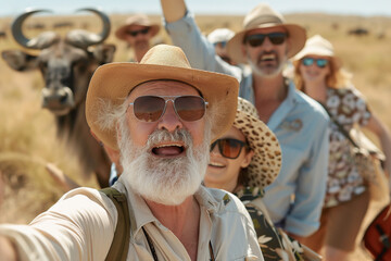 Fototapeta premium Active aging, happy group of senior people smiling at camera on the safari, in the sun-drenched savannah, showcasing the joy of wildlife safaris.
