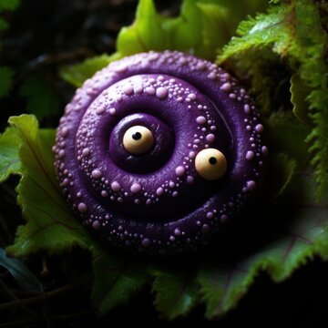 A Purple Object With White Eyes On Green Leaves