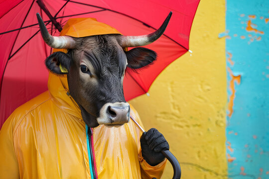 A cow is wearing a yellow raincoat and holding an umbrella. cow's face is visible. Concept of humor and whimsy. Portrait of a bull or cow wearing a raincoat, an umbrella in studio colorful background.
