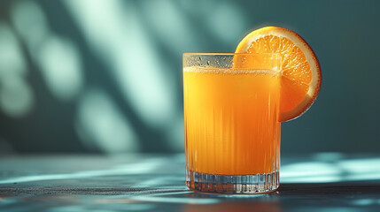 Glass of freshly orange cocktail mocktail on blue background in sunlight and shadows