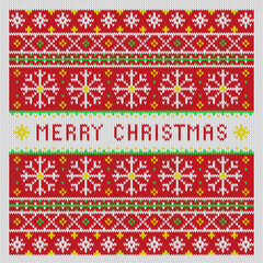 Merry Christmas knitted greeting card. Realistic knitted texture.