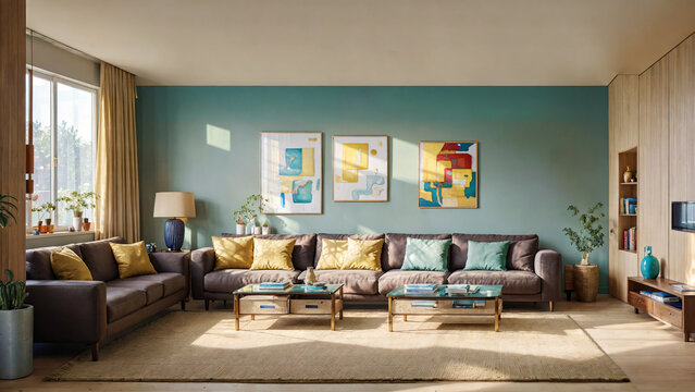 Blue living room with interior items. Cozy living room with sofa, paintings and window