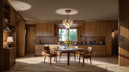 Retro kitchen with wooden elements in the interior. Cozy kitchen with wooden table and chairs