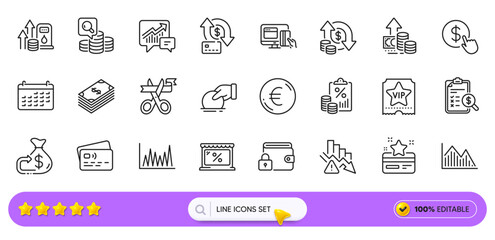 Loyalty card, Online payment and Market line icons for web app. Pack of Investment graph, Accounting, Cashback pictogram icons. Donate, Line graph, Lock signs. Dollar, Inflation, Buy currency. Vector