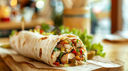 Delicious chicken shawarma wrap with vegetables and garlic sauce on a plate in cafe setting. Healthy balanced meal