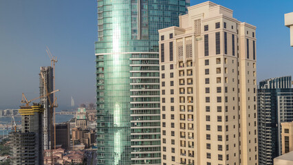 Modern skyscrapers in Jumeirah beach residence in Dubai, JBR aerial timelapse